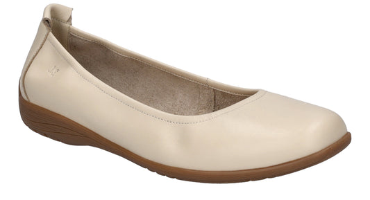 Cream colored ballet flat shoe with a brown sole.