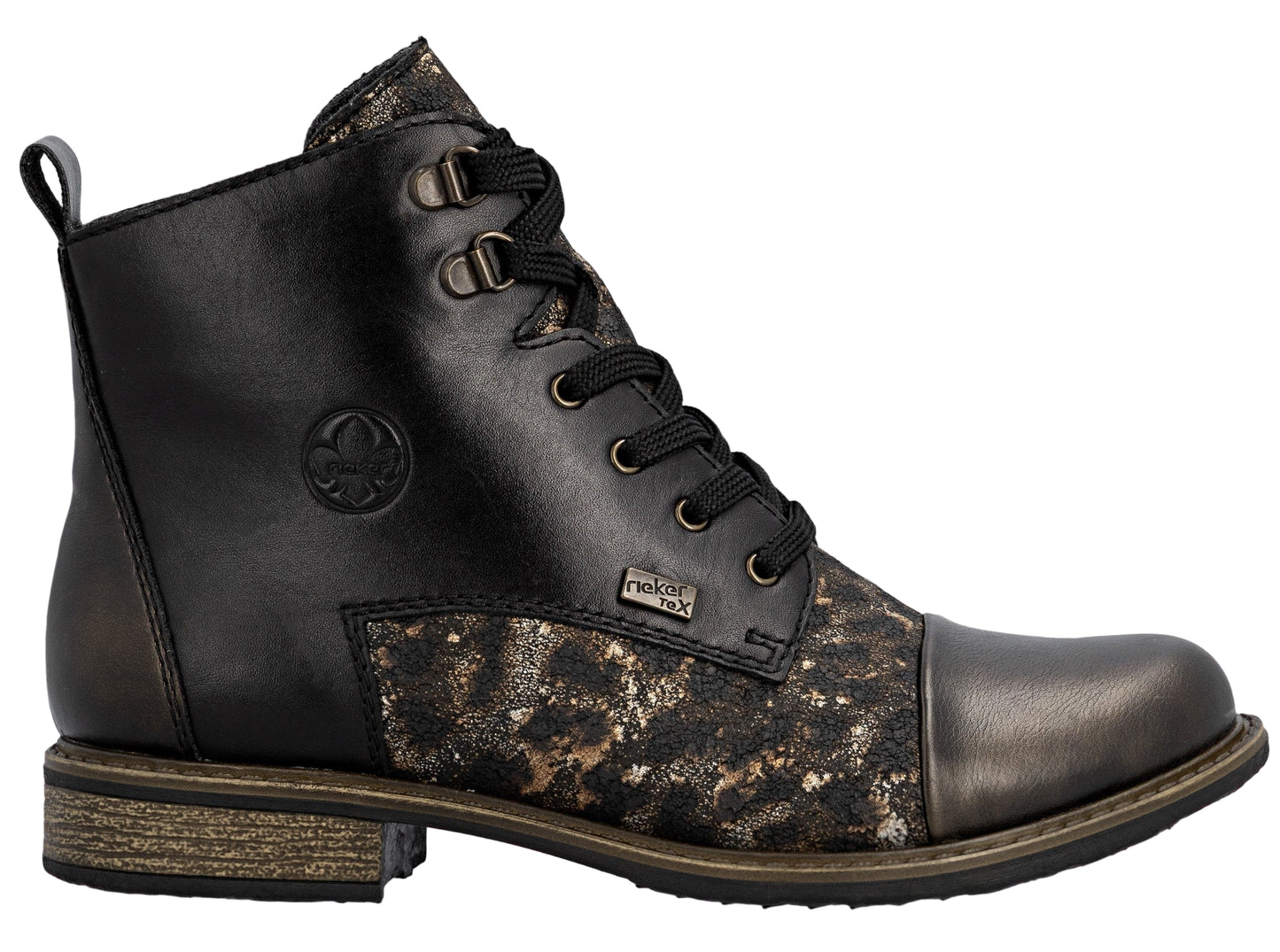 Ankle boot with lace-up closure and mixed materials, featuring black leather and a printed textile.