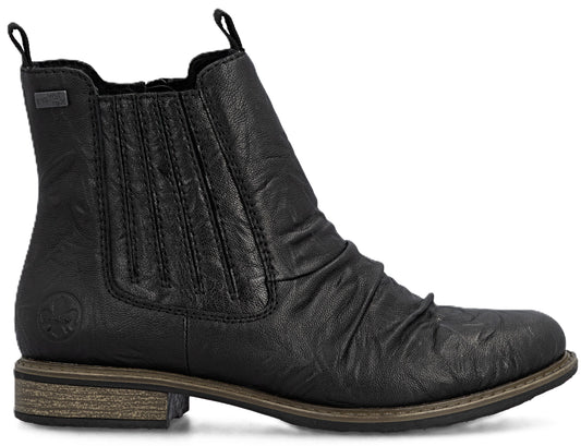 Black ankle boot with a low heel and elastic side panels.
