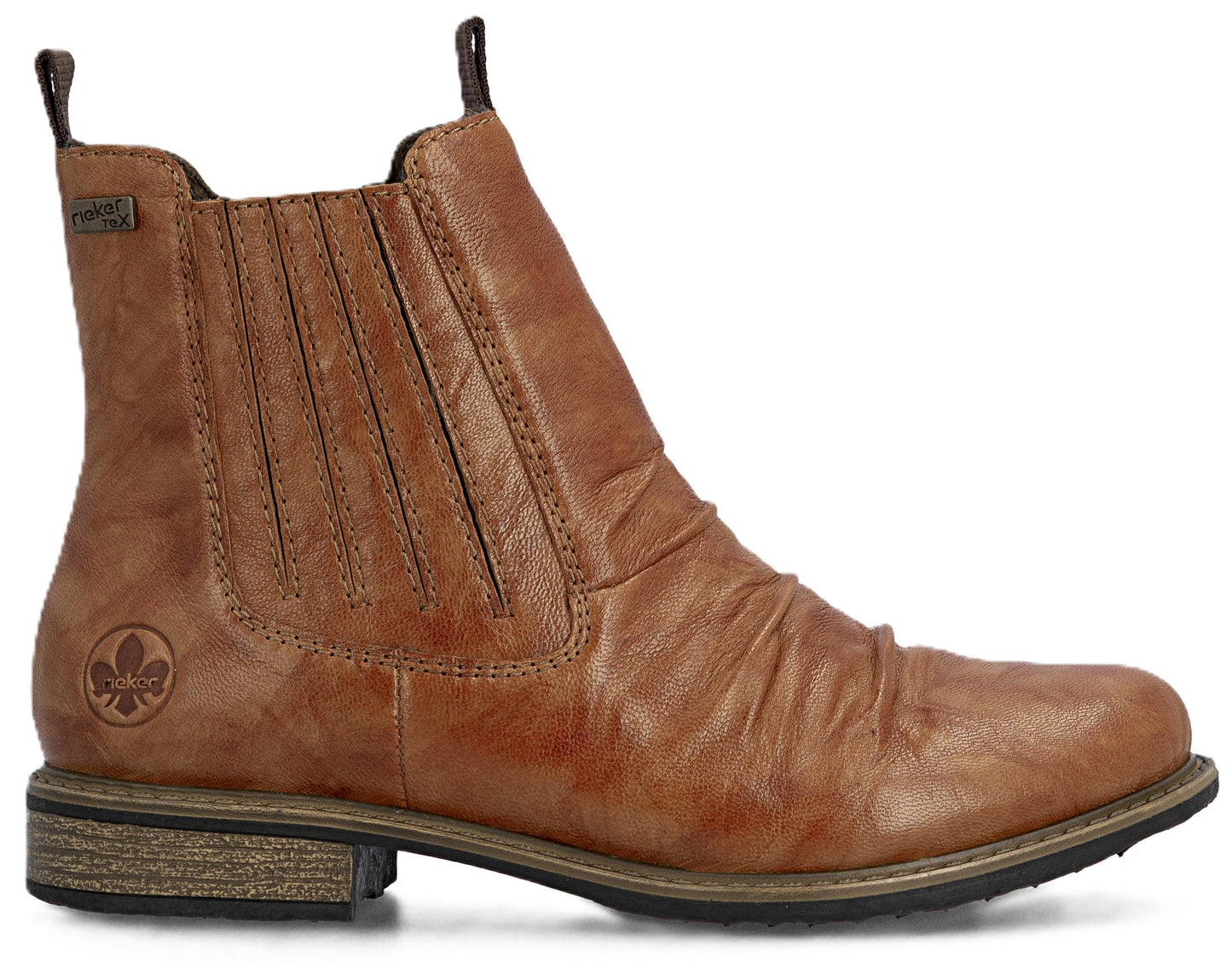 A brown, leather ankle boot with a low heel and elastic side panels.