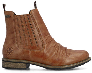 A brown, leather ankle boot with a low heel and elastic side panels.