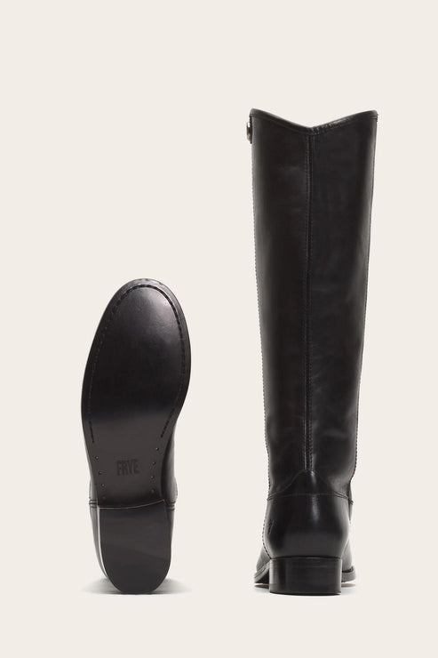 Black leather knee-high riding boot showing the rear and sole.