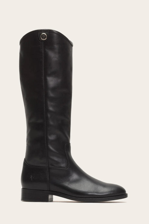Knee-high black leather riding boot with a low heel.