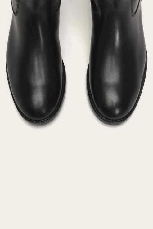 Pair of black leather boots with rounded toes.