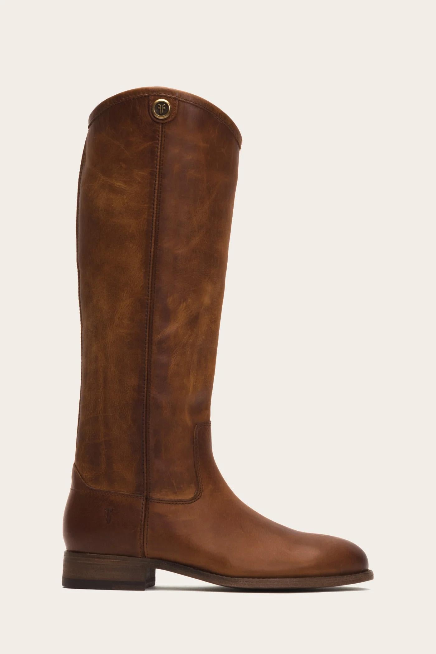 Tan leather riding boot, knee high, flat heel.