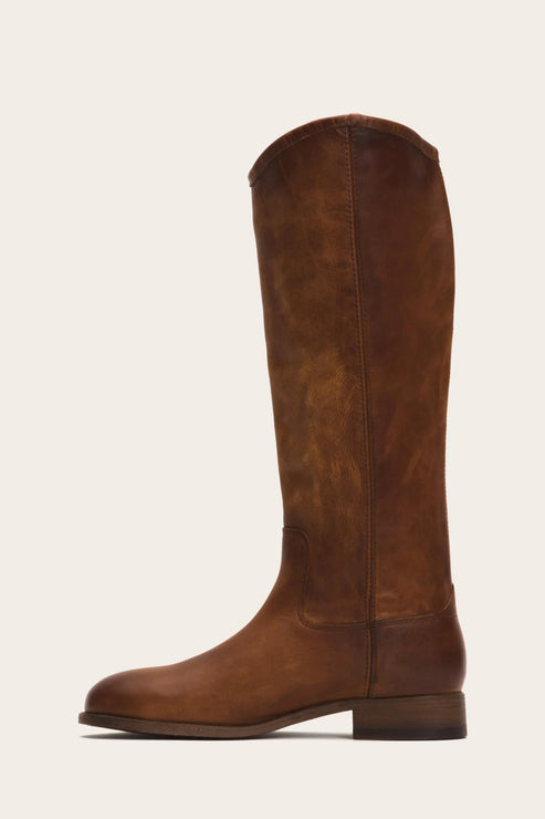 Brown leather knee-high riding boot with a flat heel.