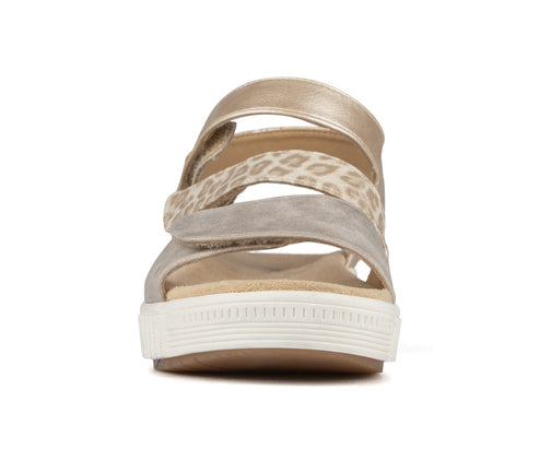 Open-toed platform sandal with gold, leopard print, and grey straps