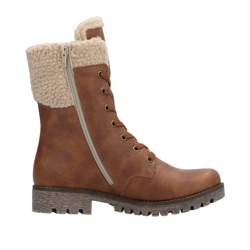 Brown mid-calf boot with lace-up closure and zipper, faux shearling collar, and lug sole.