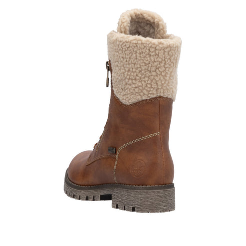 Brown mid-calf boot with laces and a plush fleece collar.