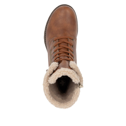 Tan lace-up boot with fur lining.