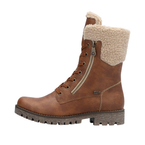 Brown combat boot with faux shearling trim and zipper.