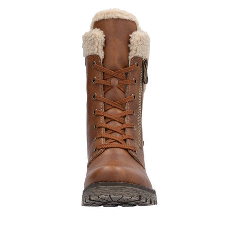Front view of tan-colored lace-up boot with fuzzy collar and side zipper.