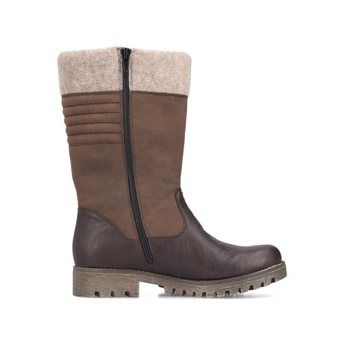 Side view of brown leather mid-calf boot with zipper and wool-like collar and textured sole.