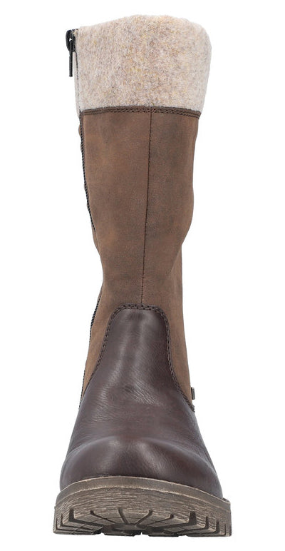 A medium-brown knee-high boot with a light-beige upper portion and a zipper.
