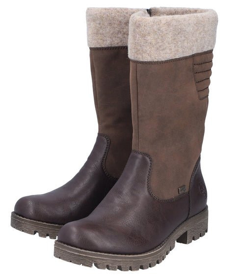 Pair of brown mid-calf boots with light-colored fuzzy trim.