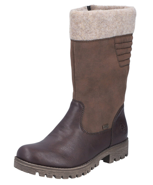 Mid-calf brown boot with beige trim.