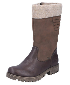 Mid-calf brown boot with beige trim.