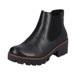 Black, leather, block-heeled ankle boot with elastic side panels