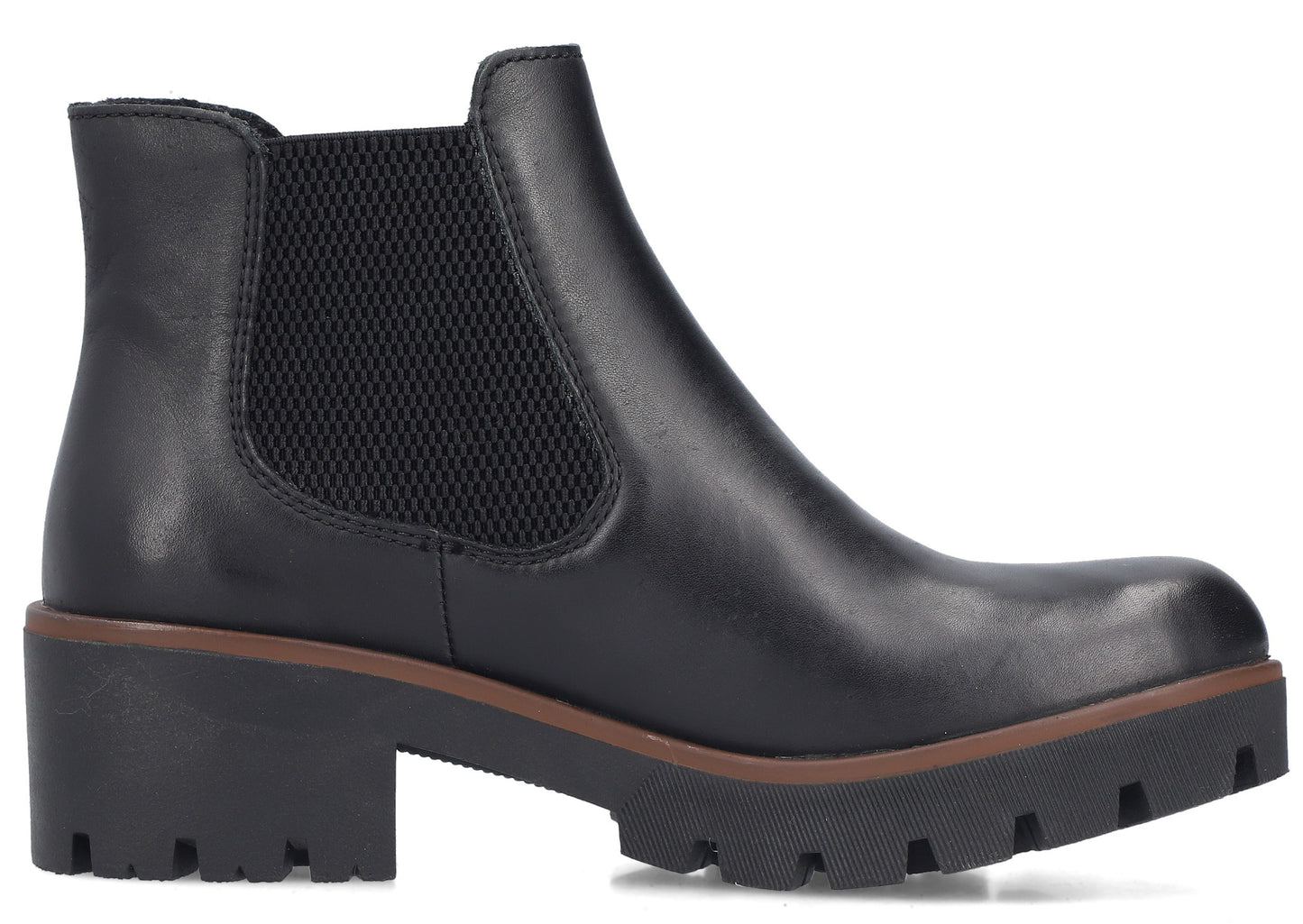 Black leather Chelsea boot with chunky heel and lug sole.
