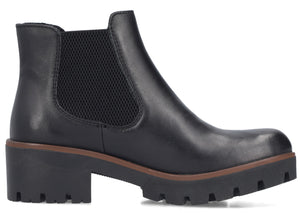 Black leather Chelsea boot with chunky heel and lug sole.