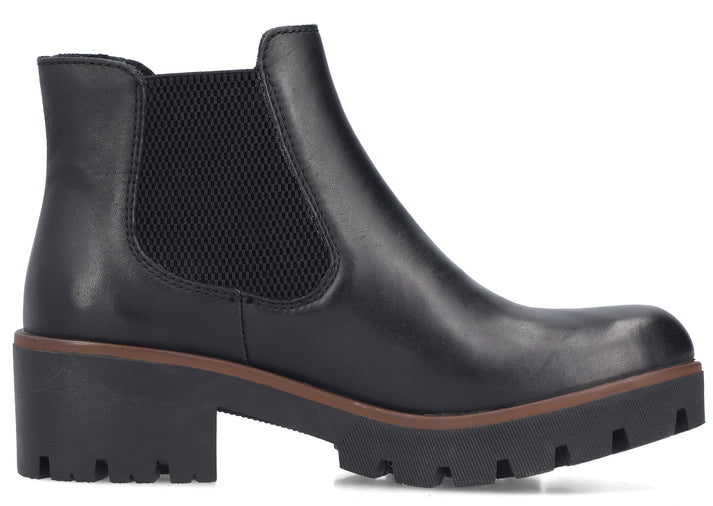 Black leather Chelsea boot with chunky heel and lug sole.