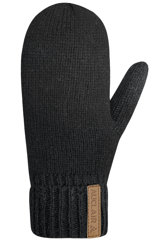 Black knitted mitten with a ribbed cuff and a brown leather tag with a logo on it.