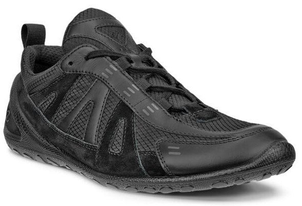 Black running shoe with laces and suede accents.