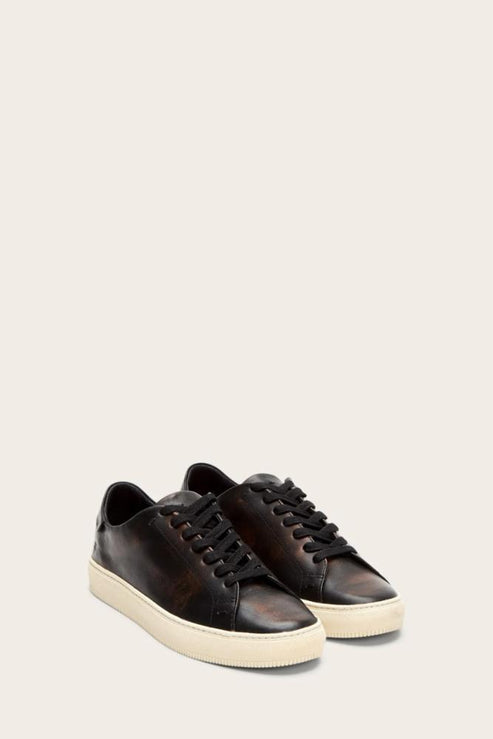 Pair of black leather lace-up sneakers with a white sole.