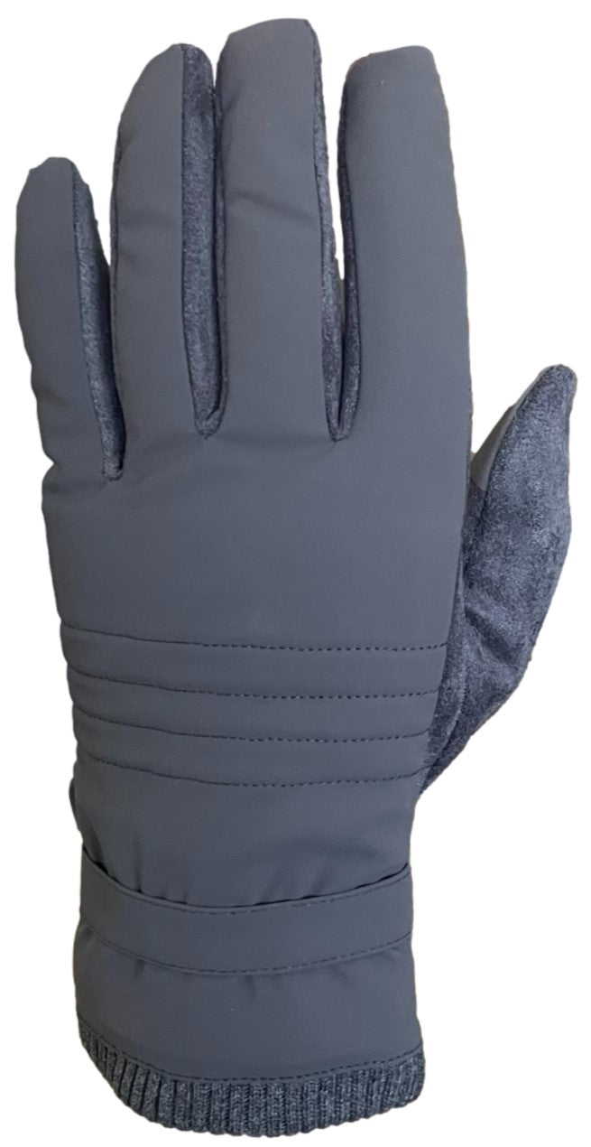 A gray winter glove with a smooth fabric back, ribbed wrist cuff, and textured gray thumb and side panel detail.