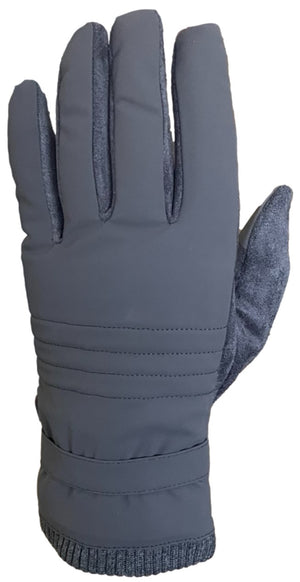 A gray winter glove with a smooth fabric back, ribbed wrist cuff, and textured gray thumb and side panel detail.