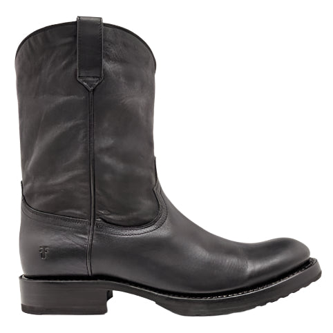 Black leather cowboy boot with low heel.