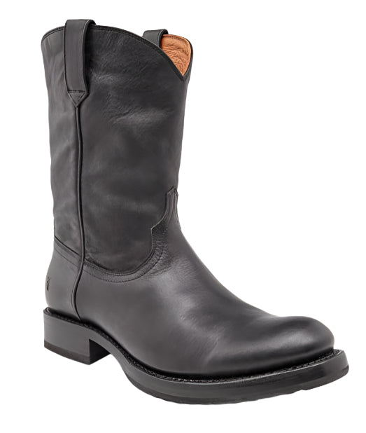 Black leather cowboy boot with rounded toe.