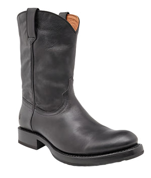 Black leather cowboy boot with rounded toe.