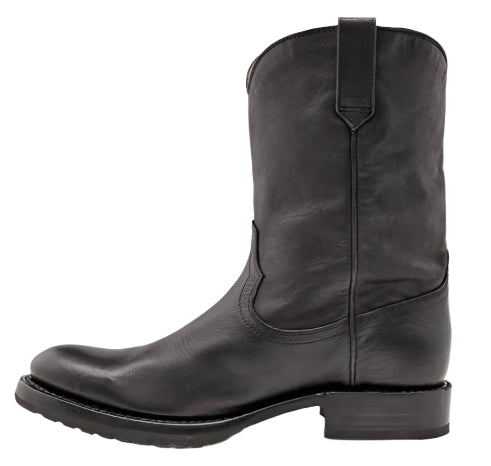 A black leather cowboy boot stands with a curved foot, a short stacked heel, and a mid-height shaft featuring a subtle decorative seam.