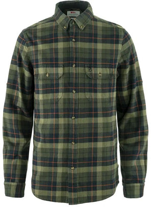 A long-sleeved button-down flannel shirt in a dark green and black plaid pattern with a small thin orange stripe, featuring a button-down collar, two chest pockets with button flaps, and a buttoned front placket.