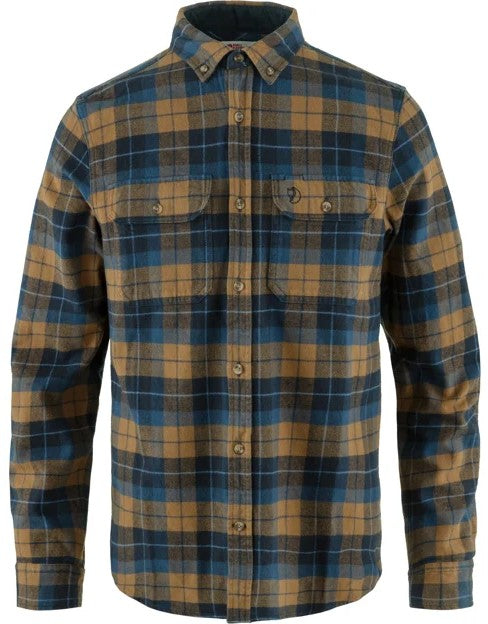 A long-sleeved button-down flannel shirt in a blue and brown plaid pattern, featuring two chest pockets with button-down flaps and a button-down collar.