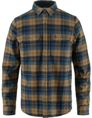 A long-sleeved button-down flannel shirt in a blue and brown plaid pattern, featuring two chest pockets with button-down flaps and a button-down collar.