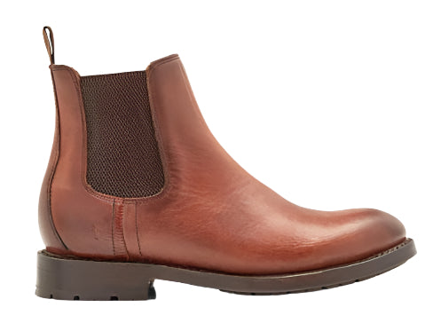 Brown leather ankle boot with elastic side panels and a heel loop.