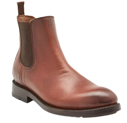Tan leather Chelsea boot with elastic side panels.