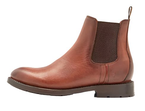 Brown leather chelsea boot with elastic side panels.
