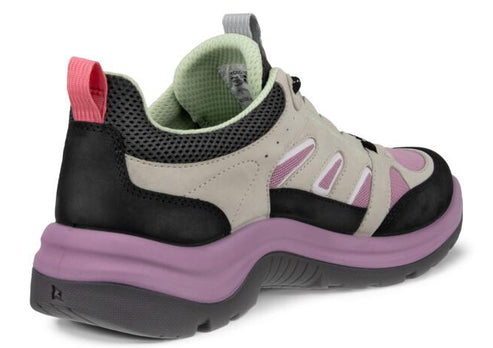 Lavender platform sneaker with pink heel tab, black mesh trim, beige upper with pink accents, and light green lining.