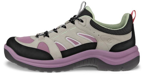 A lavender, gray, and black hiking shoe with a thick sole and lace-up closure.