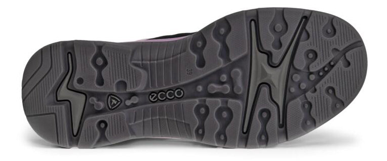 The bottom of a gray shoe with various geometric shapes and textures for grip.
