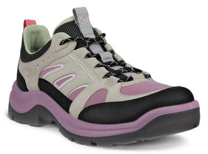 Lavender, black, grey and white sporty shoe with thick sole.