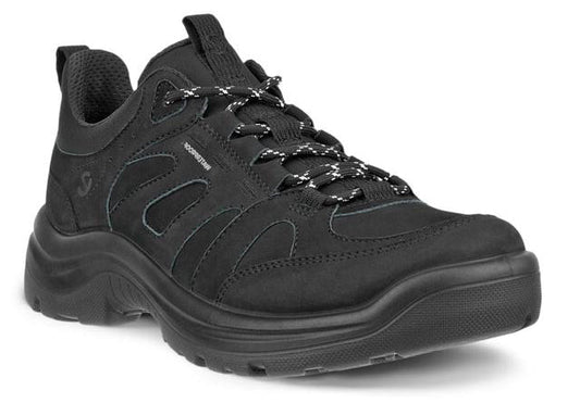 Black lace-up hiking shoe with the word 'WATERPROOF' visible near the ankle.