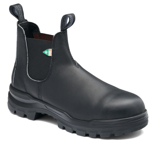 Black leather work boot with a thick rubber sole and elastic side panels.