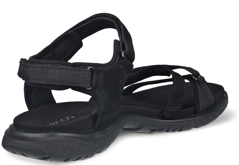 Black sandal with an adjustable ankle strap and multiple thin straps across the foot.