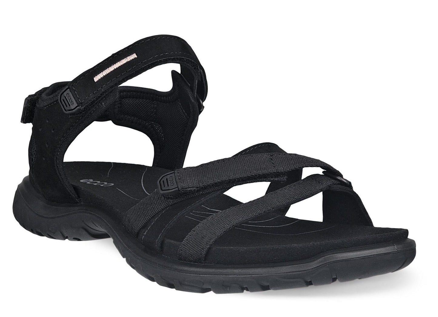 Black open toe sandal with velcro straps.