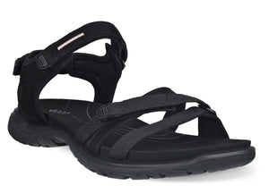 Black open toe sandal with velcro straps.
