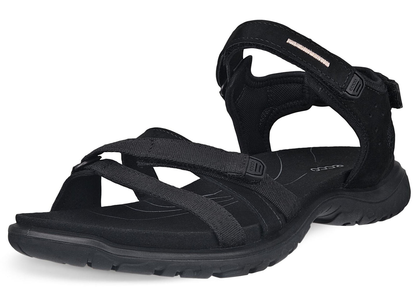 Black sandal with adjustable hook and loop straps.